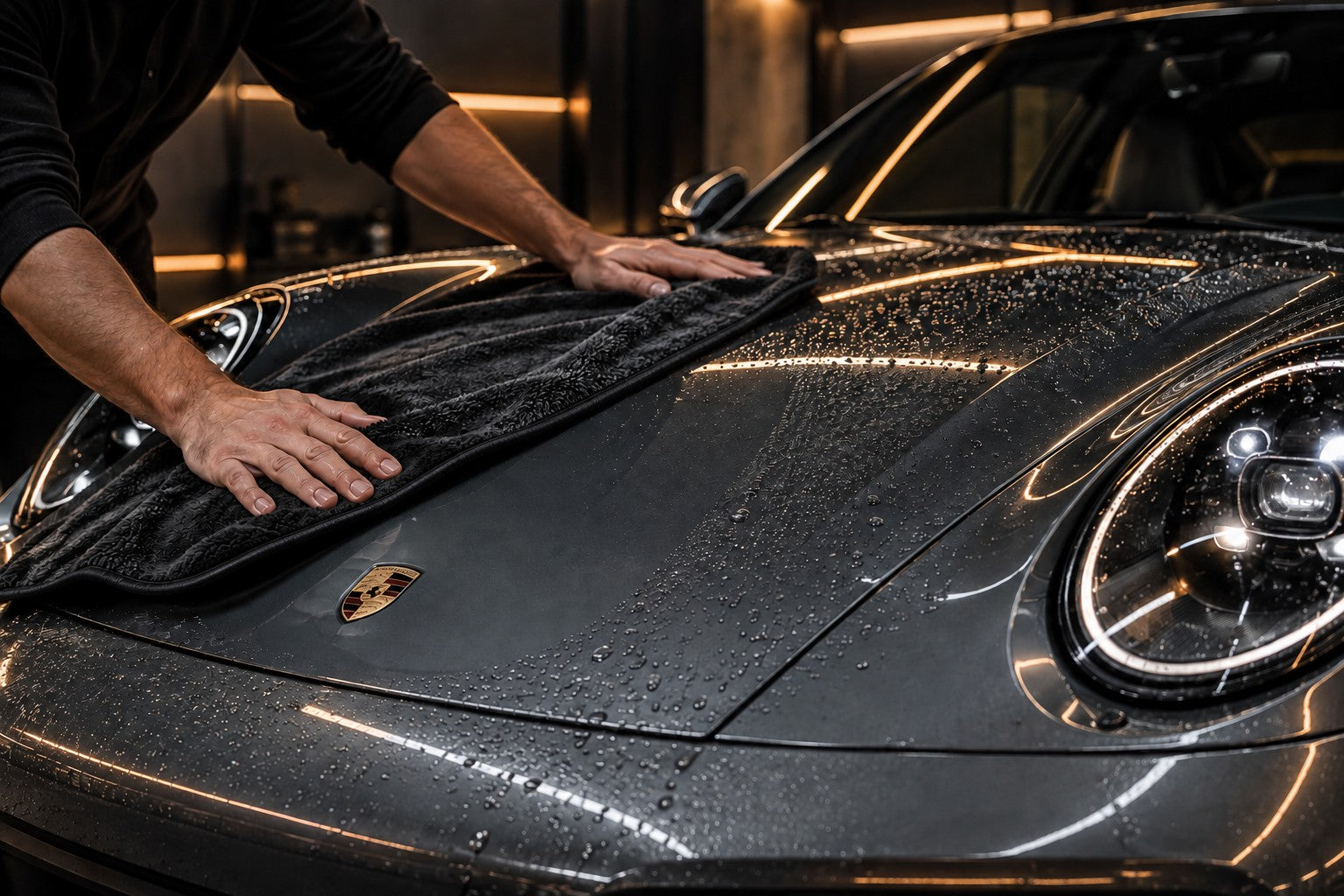 Conceptual illustration: black drying towel on graphite Porsche